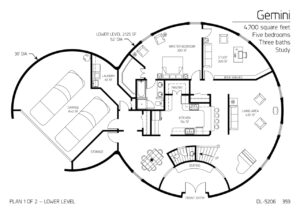 Gemini Floor Plan - Level 1: 4,700 square feet, five bedrooms, three baths, and a study.