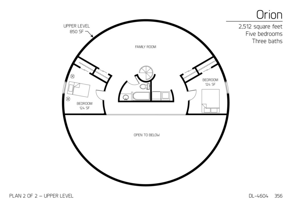 Orion Floor Plan - Level 2:  2,512 square feet, five bedrooms, and three baths.