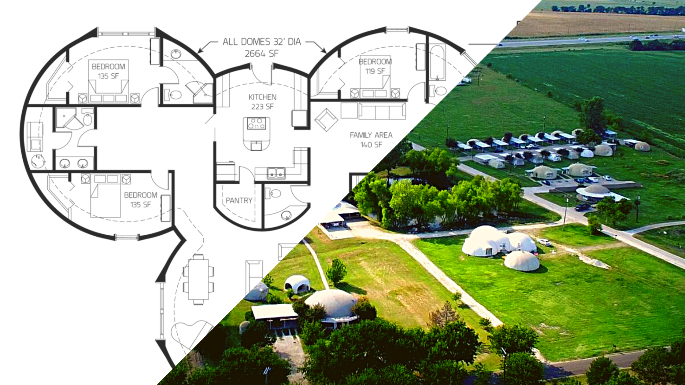 Europa Dome Home Floor Plan and Aerial Photo of a Europa Home in Italy, Texas