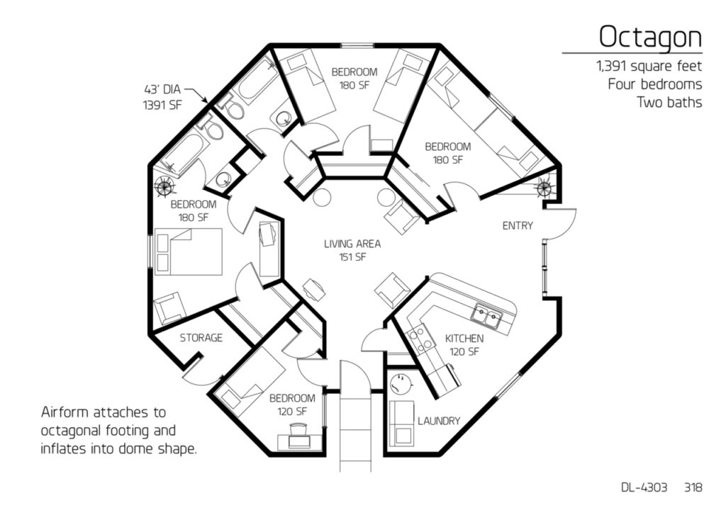 The Octagon Dome Cabin offers a relatively minimal footprint four a 4-bedroom vacation rental.