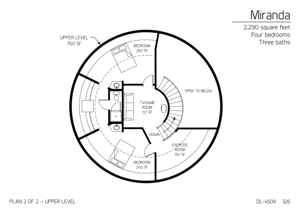 The Miranda, DL-4509: the second floor of this versatile dome house plan includes a jack-and-jill bathroom between two large bedrooms, plus space to watch a show and exercise.