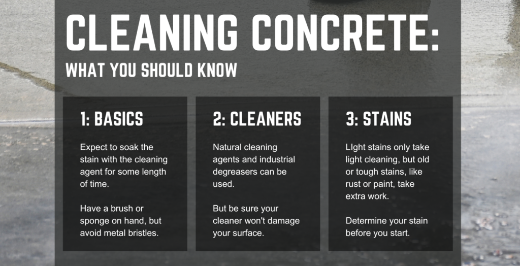 Cleaning Concrete: What you need to know - know the basic cleaning methods (soaking and scrubbing), the cleaning solutions (industrial, natural, household chemicals), and the type of stain you're dealing with (paint, oil, food, animal, leaves).