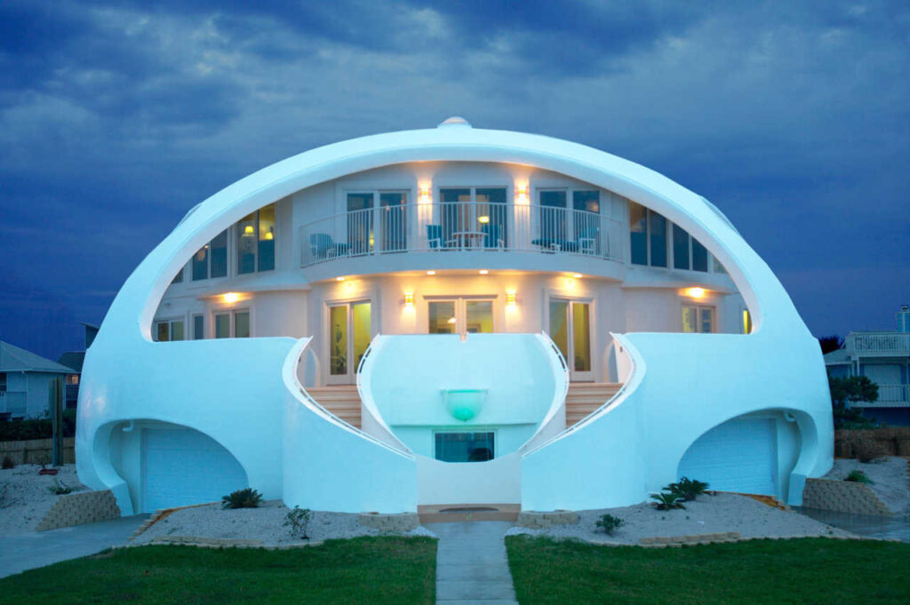 The front of the Dome of a Home at dusk. With its steel reinforced concrete construction, this dome has survived multiple catastrophic hurricanes.